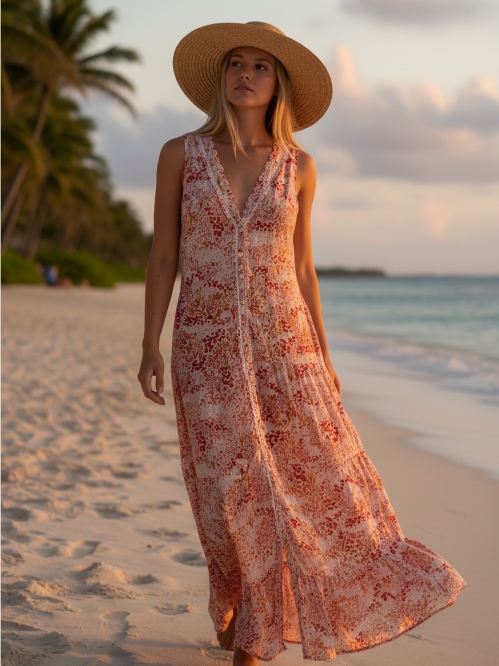 Red Floral Beach Maxi Dress - Women Swim